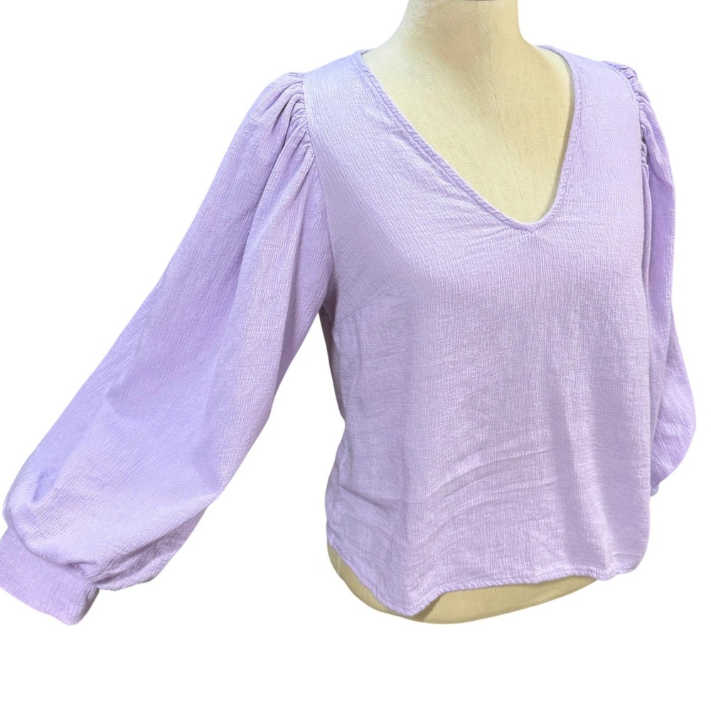 A New Day S V-Neck Puff Sleeve Gauze Blouse Lavender Pastel Boho Spring Feminine